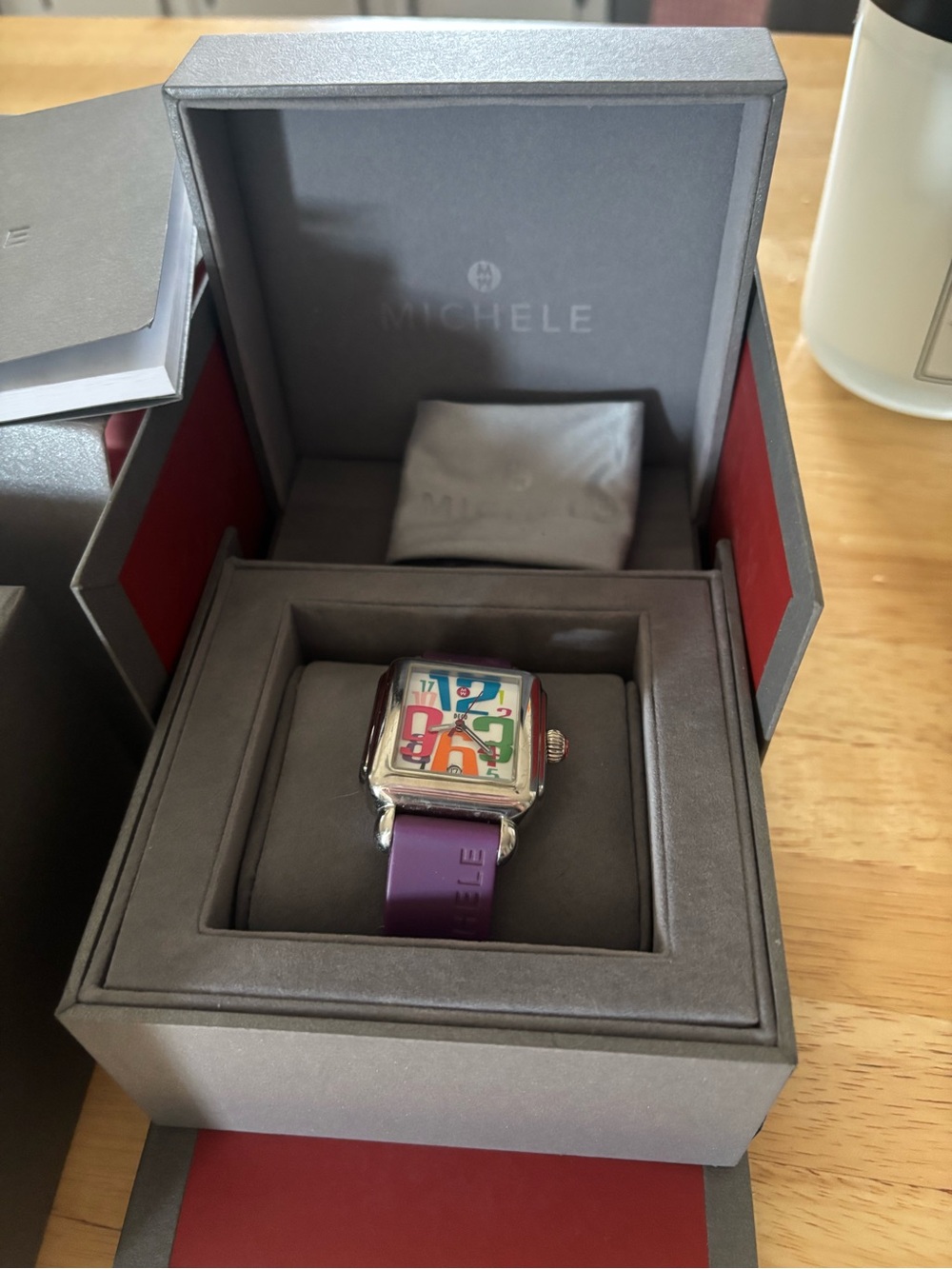 Michele Purple Strap Watch with Multicolor Numeral Dial